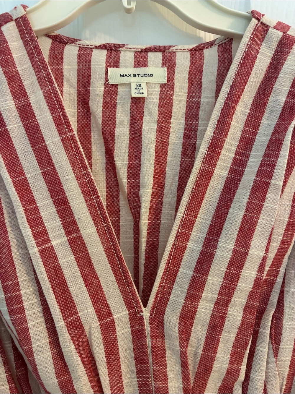 Max Studio Red and White Striped V-Neck Belted Midi Dress - Picture 5 of 9
